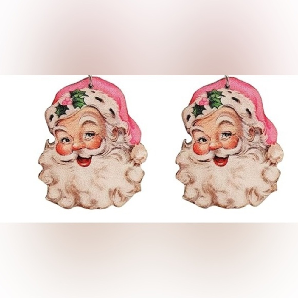 NWT - Santa Clause in Pink Santa Hat Wooden Dangle Earrings Set - Christmas